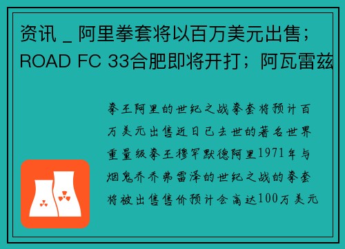 资讯 _ 阿里拳套将以百万美元出售；ROAD FC 33合肥即将开打；阿瓦雷兹欲升级挑战桑德斯