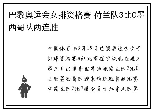 巴黎奥运会女排资格赛 荷兰队3比0墨西哥队两连胜