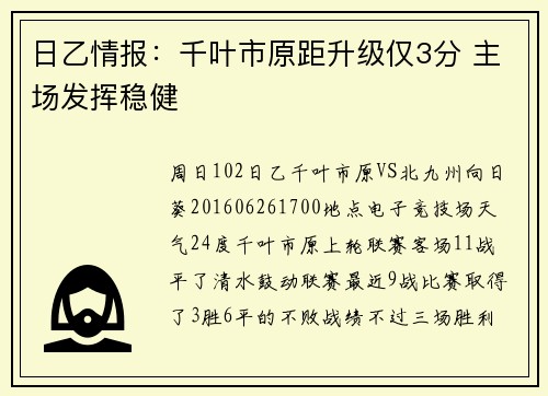 日乙情报：千叶市原距升级仅3分 主场发挥稳健
